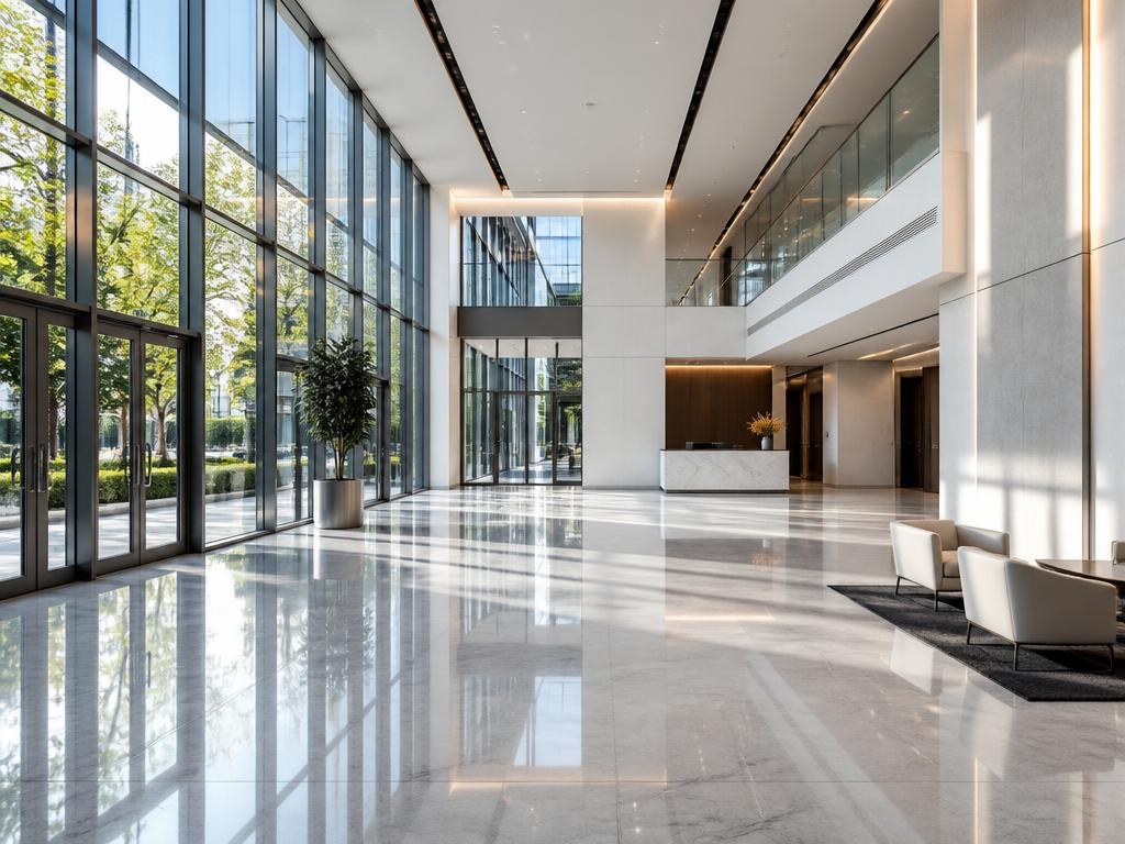 Spotless commercial office lobby with polished floors after professional cleaning